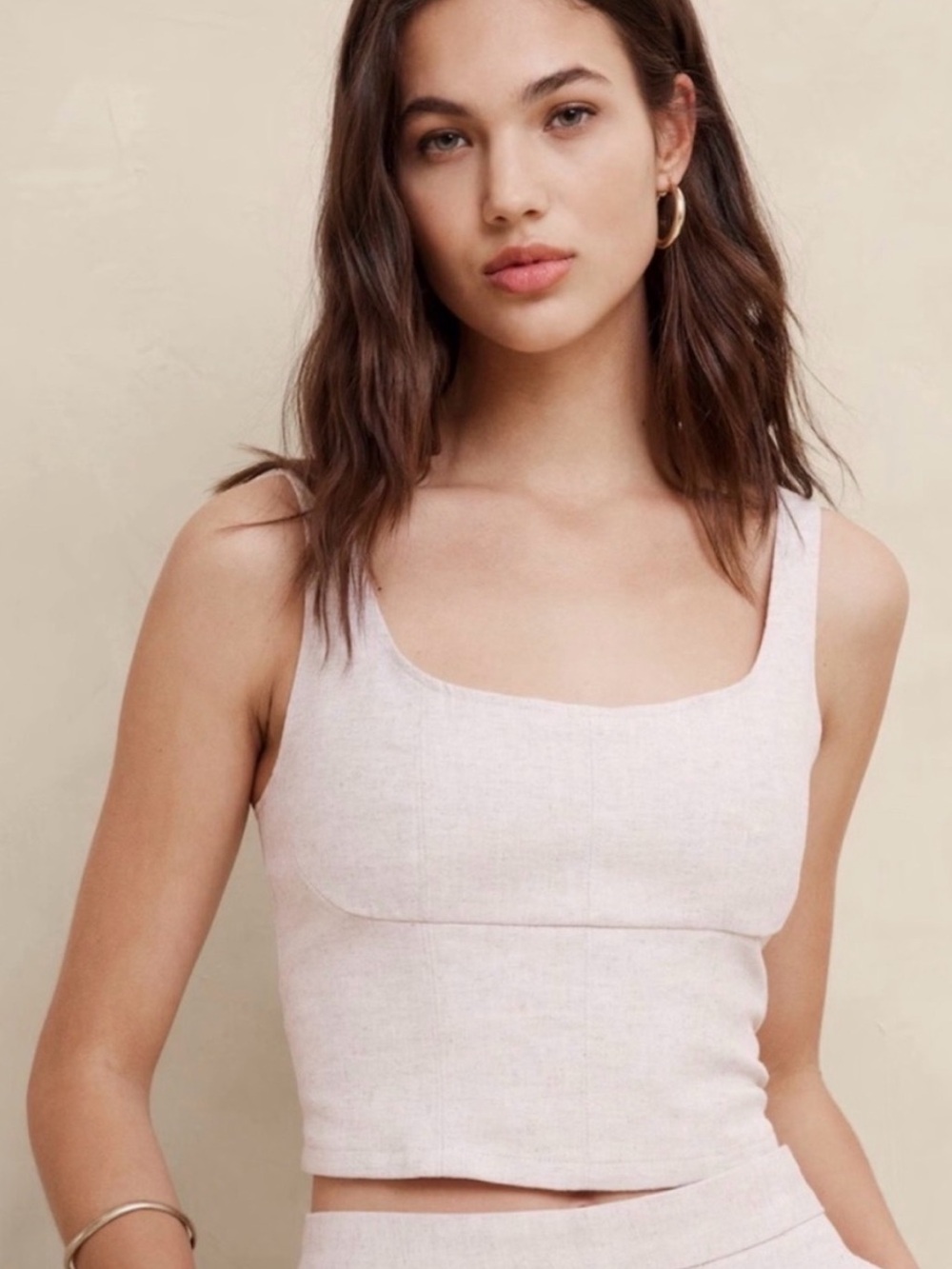 🌻Banana Republic Linen Blend Square Neck Crop Tank Beige Oatmeal Size 6